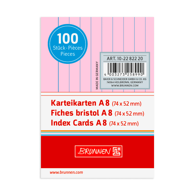 Карточки для картотеки Brunnen, линейка, 190 гр/м2, А8, 100 штук Розовый