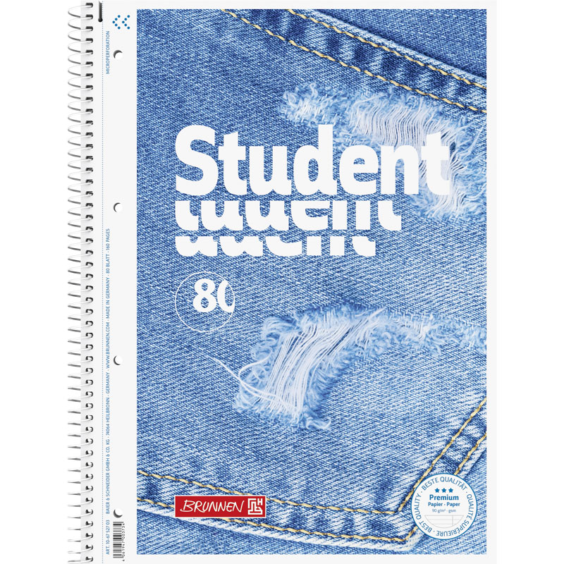Тетрадь Brunnen Student Premium Jeans, на пружине, микроперфорация, линейка, 90 гр/м2, А4, 80 листов В линейку